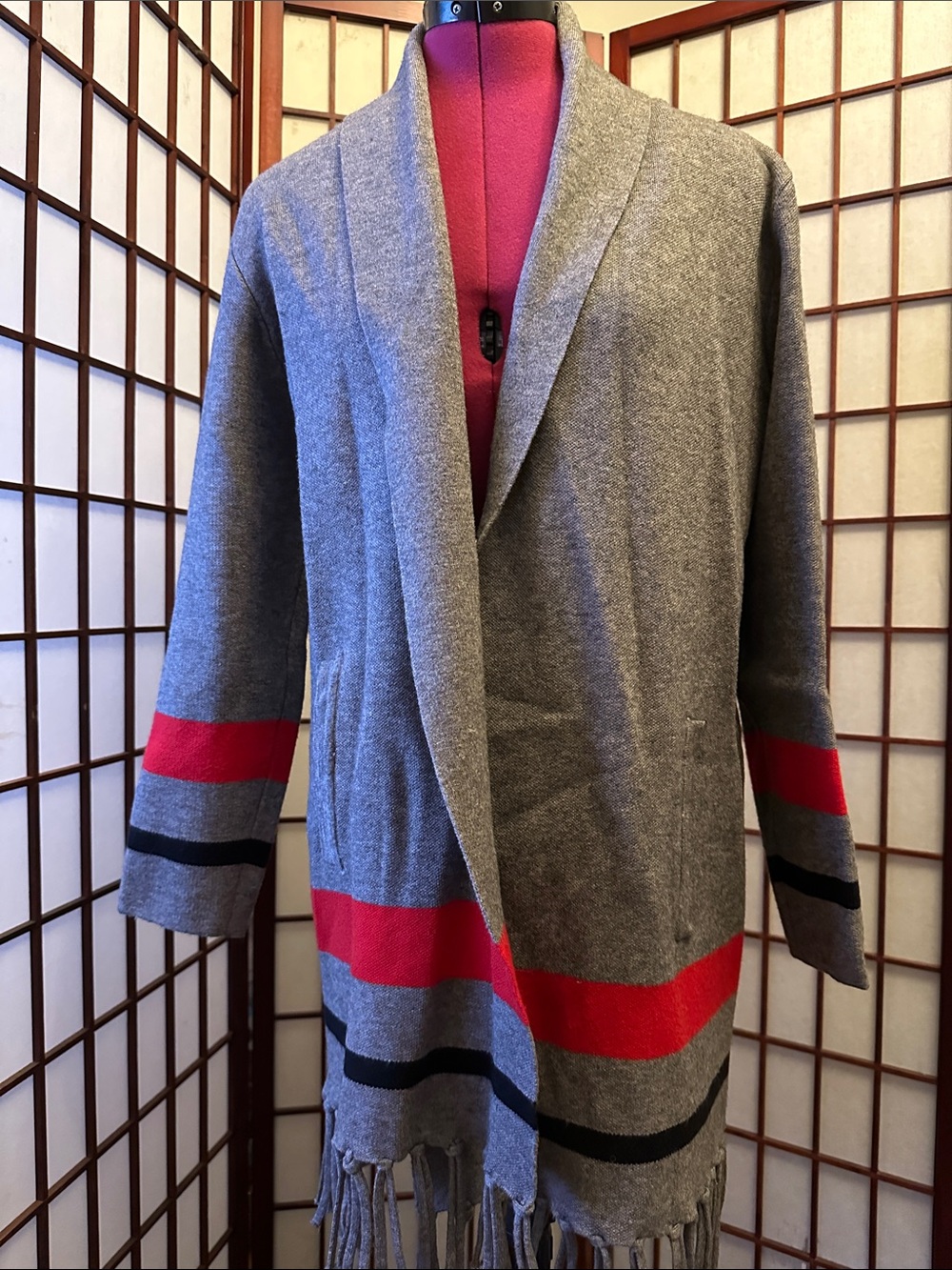 Gray Open-Front Cardigan with Red & Black Stripe Accents